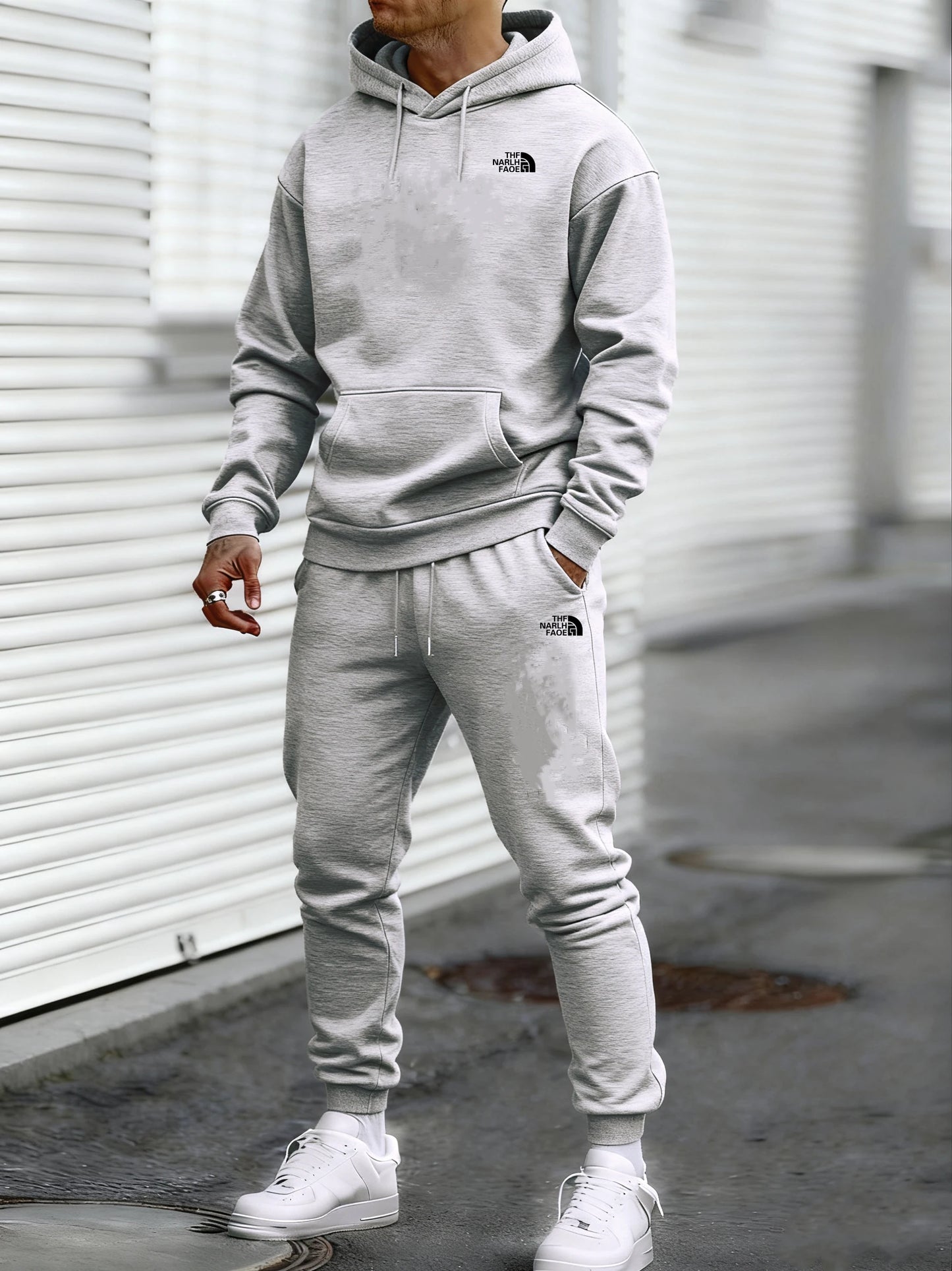 Men's Autumn and Winter Pattern Casual Two-Piece Set Hooded Sweatshirt and Pants withPockets Regular Fit Qutdoor Sport Suit