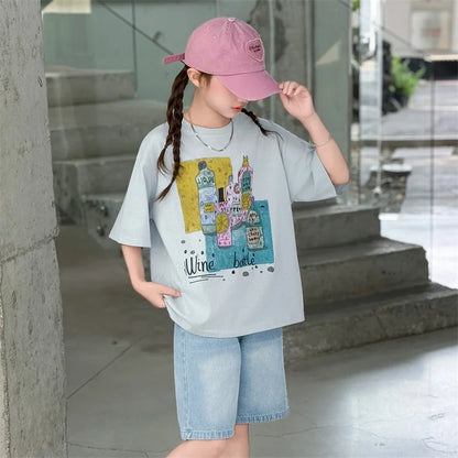 Kids Luxury Clothes Set for Girls from 5 to 14 Years Summer Suit Children Print T-shirt Shorts Two Pieces Outfit Clothing Set