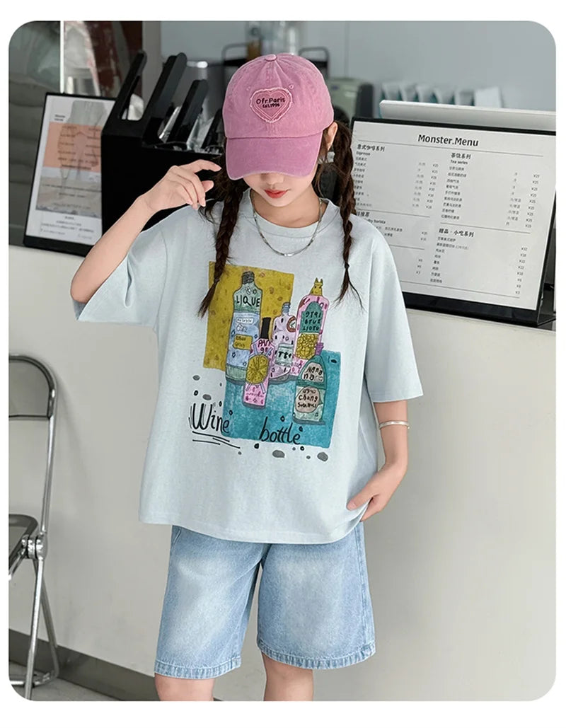 Kids Luxury Clothes Set for Girls from 5 to 14 Years Summer Suit Children Print T-shirt Shorts Two Pieces Outfit Clothing Set