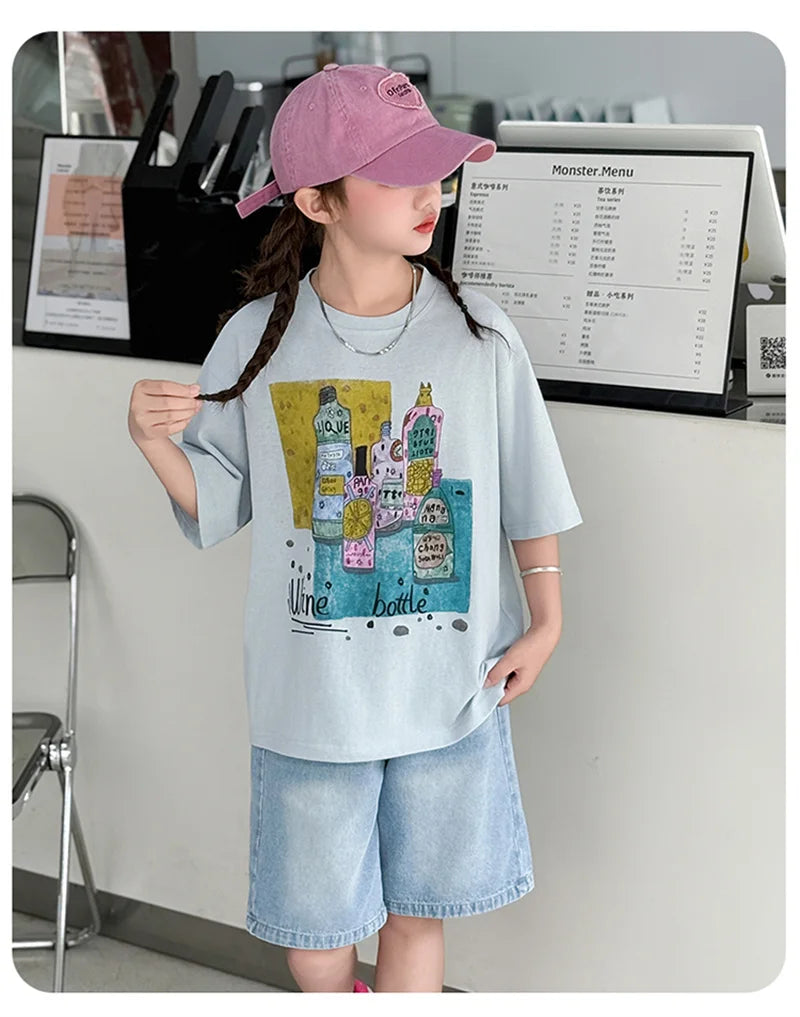 Kids Luxury Clothes Set for Girls from 5 to 14 Years Summer Suit Children Print T-shirt Shorts Two Pieces Outfit Clothing Set
