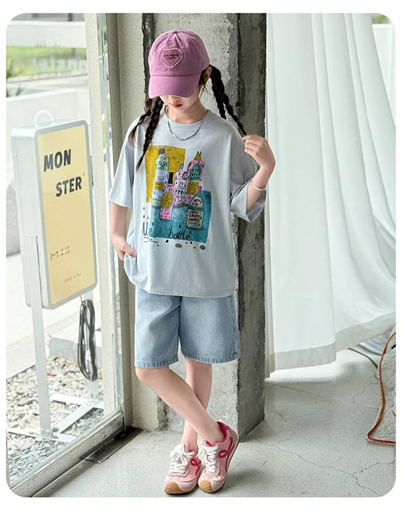 Kids Luxury Clothes Set for Girls from 5 to 14 Years Summer Suit Children Print T-shirt Shorts Two Pieces Outfit Clothing Set