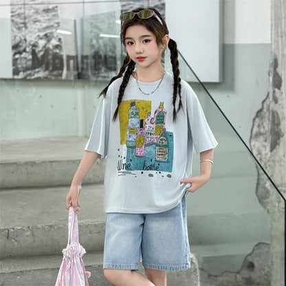 Kids Luxury Clothes Set for Girls from 5 to 14 Years Summer Suit Children Print T-shirt Shorts Two Pieces Outfit Clothing Set