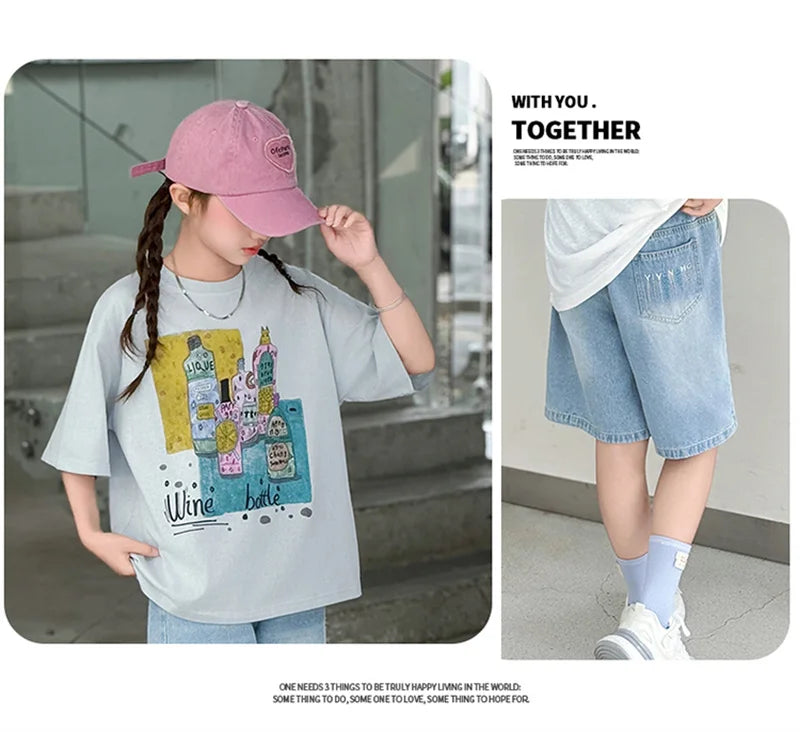 Kids Luxury Clothes Set for Girls from 5 to 14 Years Summer Suit Children Print T-shirt Shorts Two Pieces Outfit Clothing Set