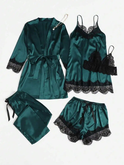 5 Pieces Women's Satin Sleepwear Pajama Set Robe Sexy Lingerie Bathrobe Lace Silk Night Dress Trousers Home Clothed Nightwear PJ