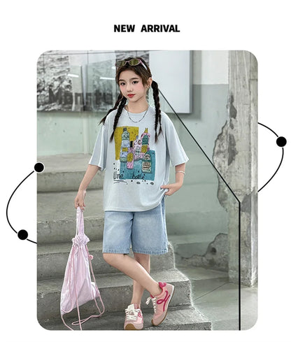 Kids Luxury Clothes Set for Girls from 5 to 14 Years Summer Suit Children Print T-shirt Shorts Two Pieces Outfit Clothing Set