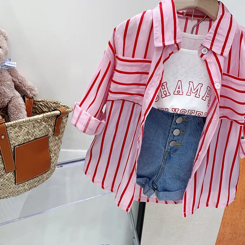 Children's Clothing Sets Striped Long-sleeved Shirt + Monogram Printed Vest+Denim Shorts 3pcs Clothes for Kids Girl 3 To 7 Years