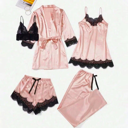 5 Pieces Women's Satin Sleepwear Pajama Set Robe Sexy Lingerie Bathrobe Lace Silk Night Dress Trousers Home Clothed Nightwear PJ