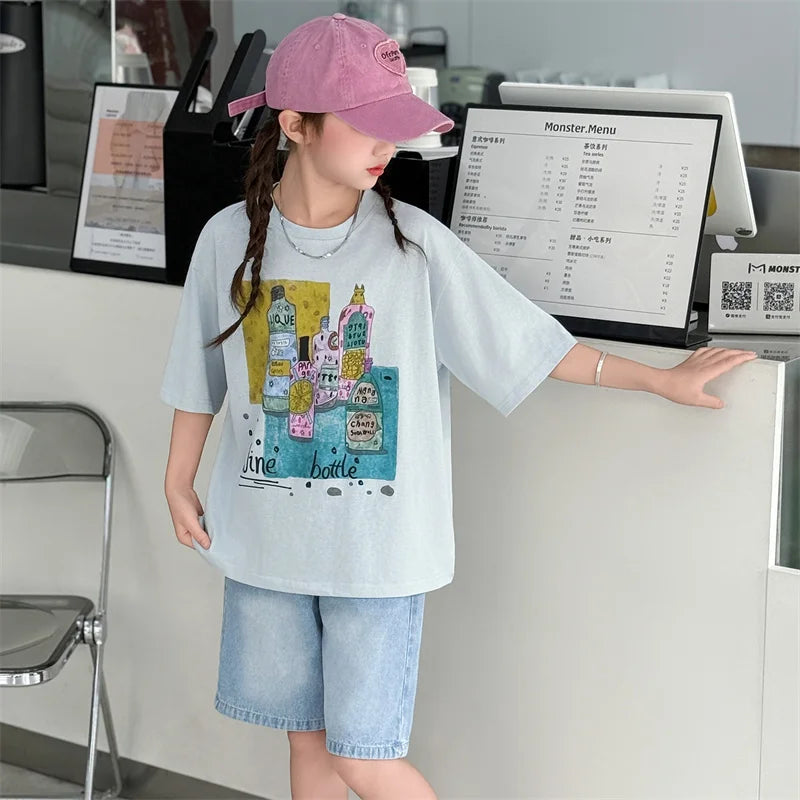 Kids Luxury Clothes Set for Girls from 5 to 14 Years Summer Suit Children Print T-shirt Shorts Two Pieces Outfit Clothing Set