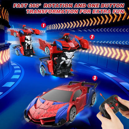 RC Transformer Car Robot Toy 1:18 Scale LED Light 2.4GHz One-Button Transformation 360° Rotating Drift Rechargeable Kids Gift