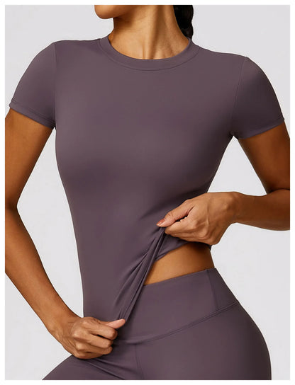 2024 Women Yoga Tops Quick Dry Sport Top Fitness Women Top Purple Solid Short Sleeve Outdoors Fitness Running Tops Gym T Shirt