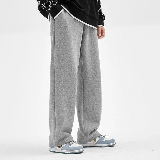 Men's Sweatpants  Spring and Autumn Wide-Leg Loose Fit Plus Size Gray Fleece Lined, Flowy Pure Cotton Straight Leg Casual Pants