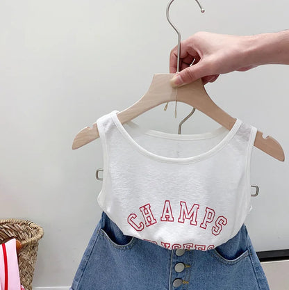 Children's Clothing Sets Striped Long-sleeved Shirt + Monogram Printed Vest+Denim Shorts 3pcs Clothes for Kids Girl 3 To 7 Years