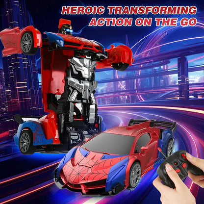 RC Transformer Car Robot Toy 1:18 Scale LED Light 2.4GHz One-Button Transformation 360° Rotating Drift Rechargeable Kids Gift