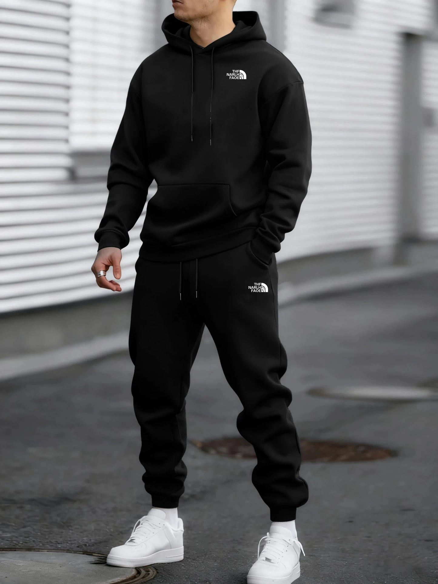 Men's Autumn and Winter Pattern Casual Two-Piece Set Hooded Sweatshirt and Pants withPockets Regular Fit Qutdoor Sport Suit