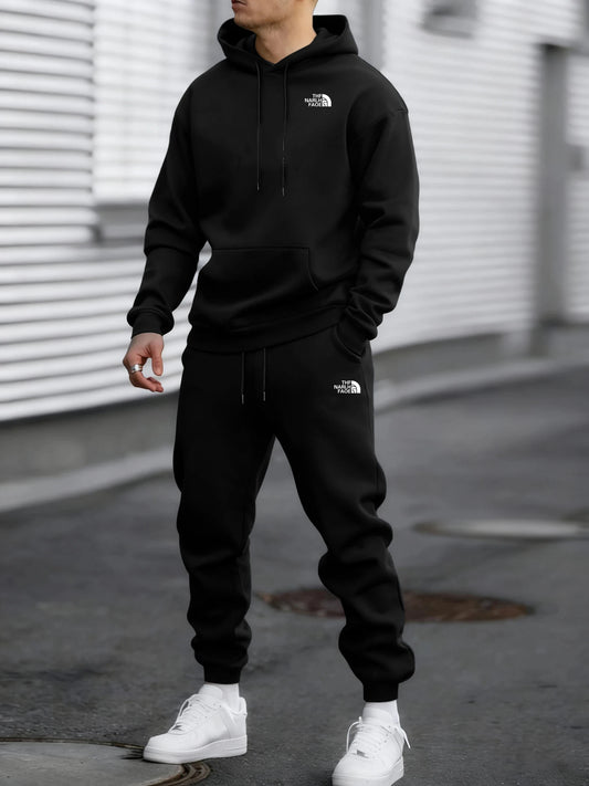 Men's Autumn and Winter Pattern Casual Two-Piece Set Hooded Sweatshirt and Pants withPockets Regular Fit Qutdoor Sport Suit