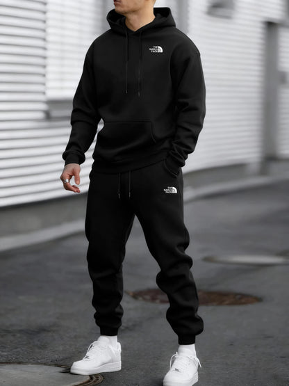 Men's Autumn and Winter Pattern Casual Two-Piece Set Hooded Sweatshirt and Pants withPockets Regular Fit Qutdoor Sport Suit