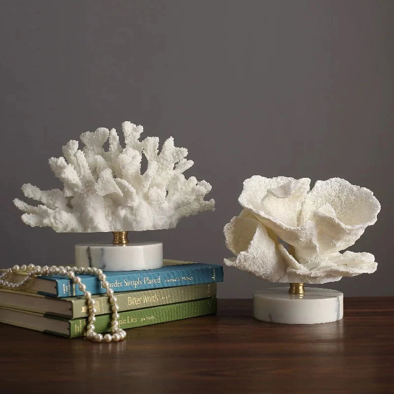 Creativity Resin Artificial Coral Handicraft Furnishings White Marble Base Home Decoration Simulation Animal