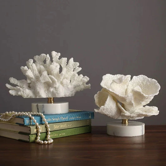Creativity Resin Artificial Coral Handicraft Furnishings White Marble Base Home Decoration Simulation Animal
