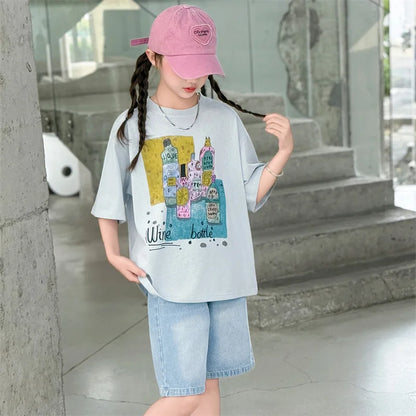 Kids Luxury Clothes Set for Girls from 5 to 14 Years Summer Suit Children Print T-shirt Shorts Two Pieces Outfit Clothing Set