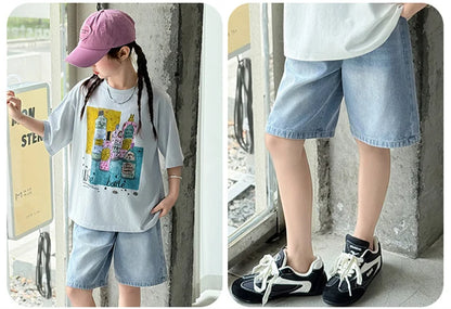 Kids Luxury Clothes Set for Girls from 5 to 14 Years Summer Suit Children Print T-shirt Shorts Two Pieces Outfit Clothing Set