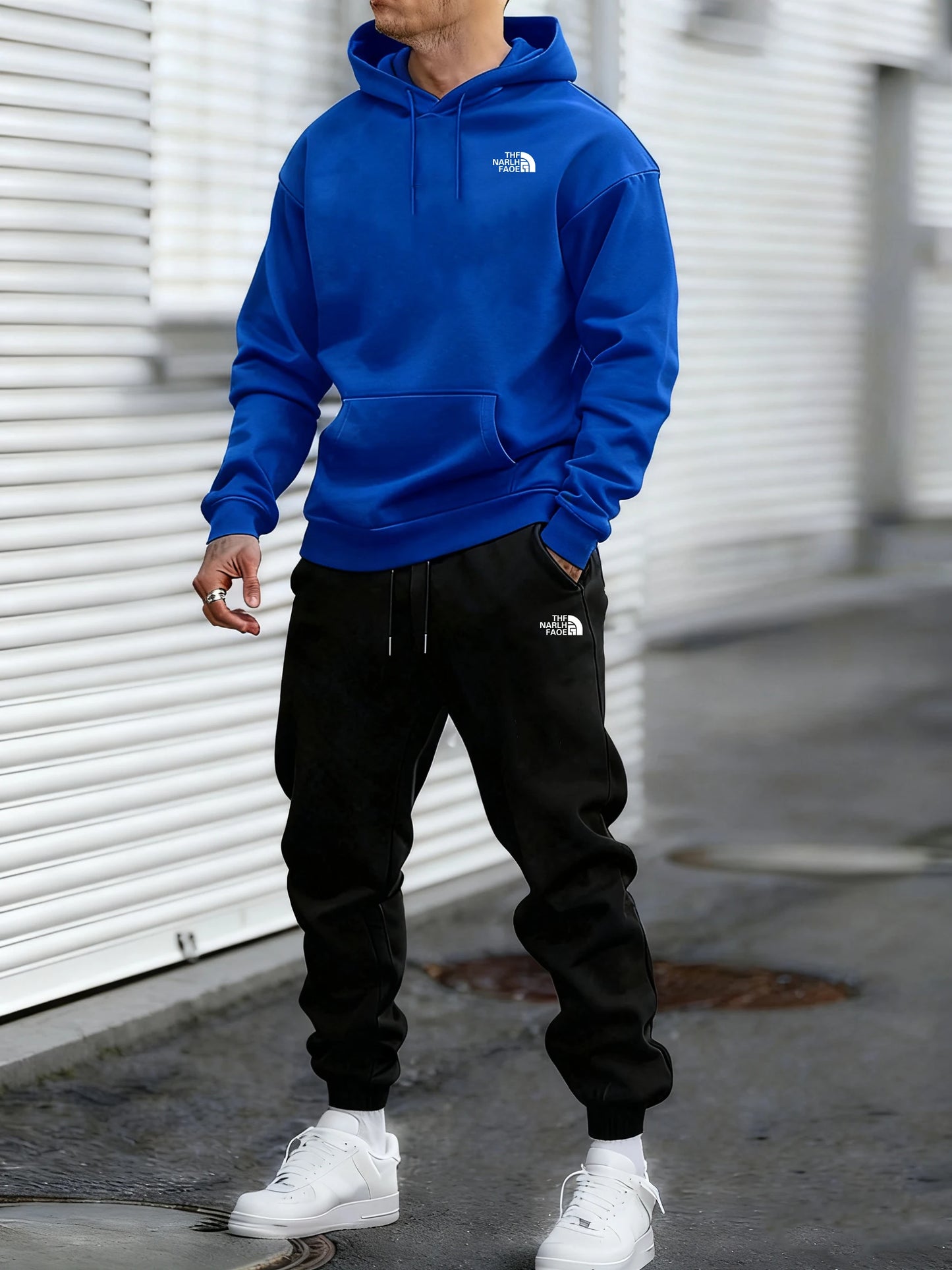 Men's Autumn and Winter Pattern Casual Two-Piece Set Hooded Sweatshirt and Pants withPockets Regular Fit Qutdoor Sport Suit
