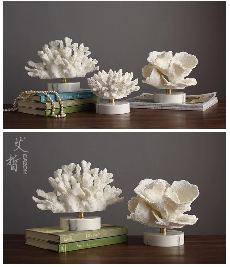 Creativity Resin Artificial Coral Handicraft Furnishings White Marble Base Home Decoration Simulation Animal