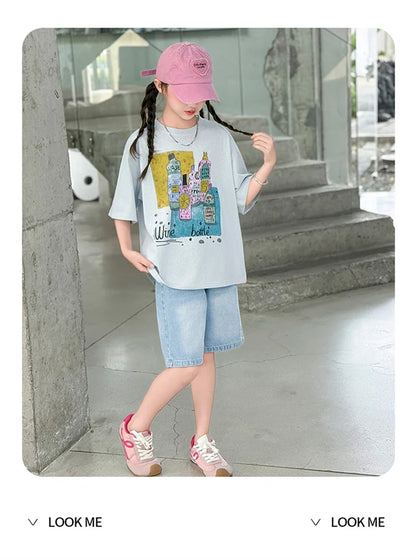 Kids Luxury Clothes Set for Girls from 5 to 14 Years Summer Suit Children Print T-shirt Shorts Two Pieces Outfit Clothing Set