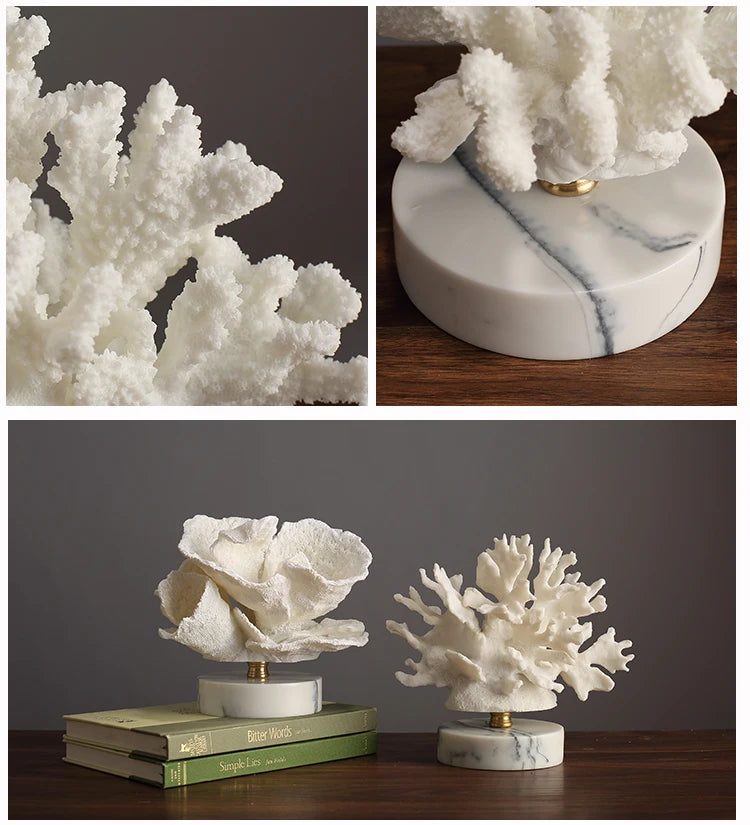 Creativity Resin Artificial Coral Handicraft Furnishings White Marble Base Home Decoration Simulation Animal