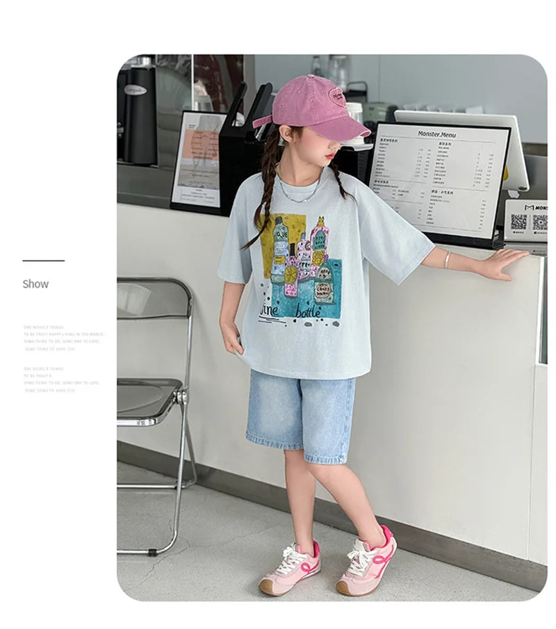 Kids Luxury Clothes Set for Girls from 5 to 14 Years Summer Suit Children Print T-shirt Shorts Two Pieces Outfit Clothing Set