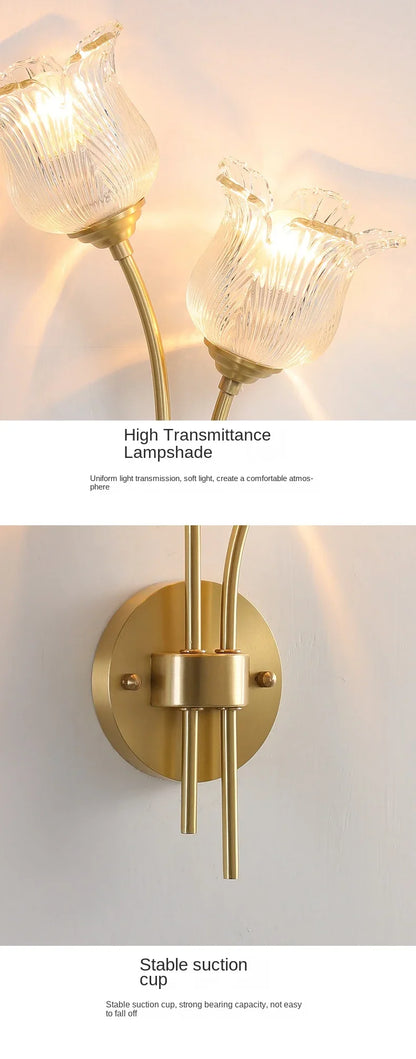 Bedroom headboard  lamp all copper American retro designer flower cream wind wall light room decor