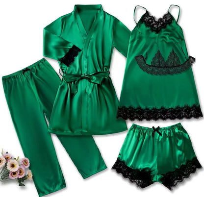 5 Pieces Women's Satin Sleepwear Pajama Set Robe Sexy Lingerie Bathrobe Lace Silk Night Dress Trousers Home Clothed Nightwear PJ