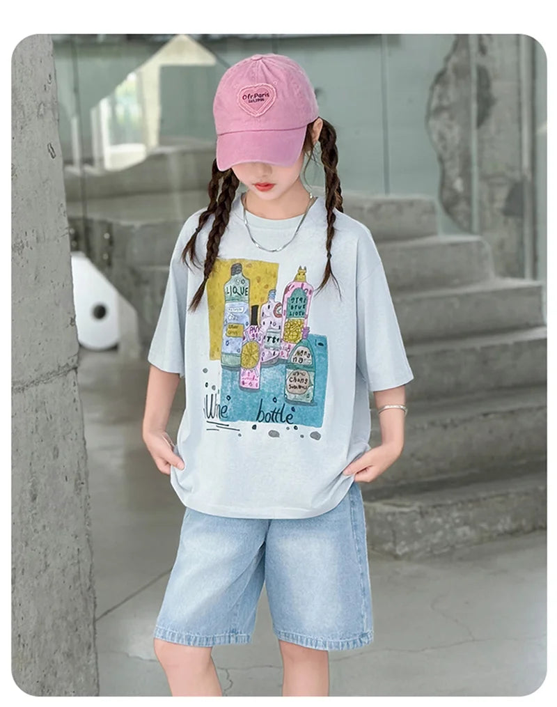 Kids Luxury Clothes Set for Girls from 5 to 14 Years Summer Suit Children Print T-shirt Shorts Two Pieces Outfit Clothing Set