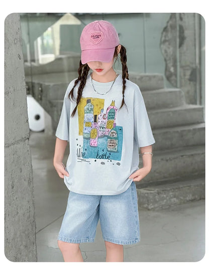 Kids Luxury Clothes Set for Girls from 5 to 14 Years Summer Suit Children Print T-shirt Shorts Two Pieces Outfit Clothing Set