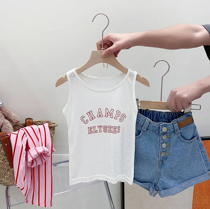 Children's Clothing Sets Striped Long-sleeved Shirt + Monogram Printed Vest+Denim Shorts 3pcs Clothes for Kids Girl 3 To 7 Years