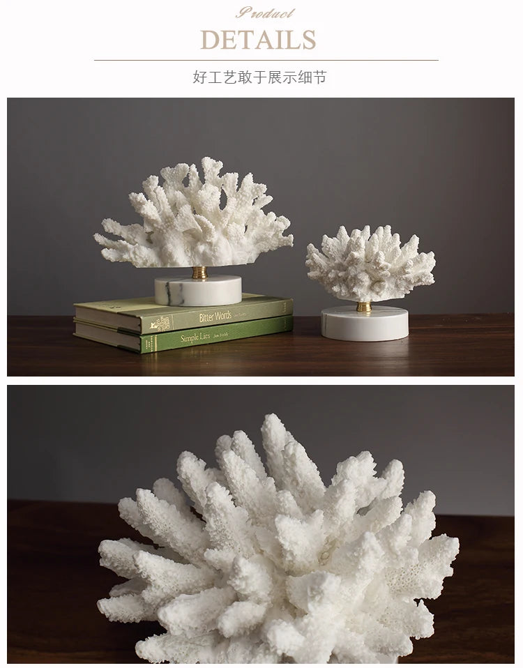 Creativity Resin Artificial Coral Handicraft Furnishings White Marble Base Home Decoration Simulation Animal